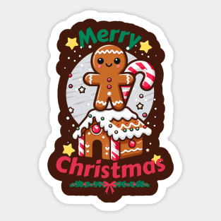 Gingerbread Man with Candy Cane on Gingerbread House. Sticker